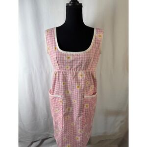 Pink Gingham Daisy Embroidered Pinafore Dress with Pockets Square Neck HOMEMADE